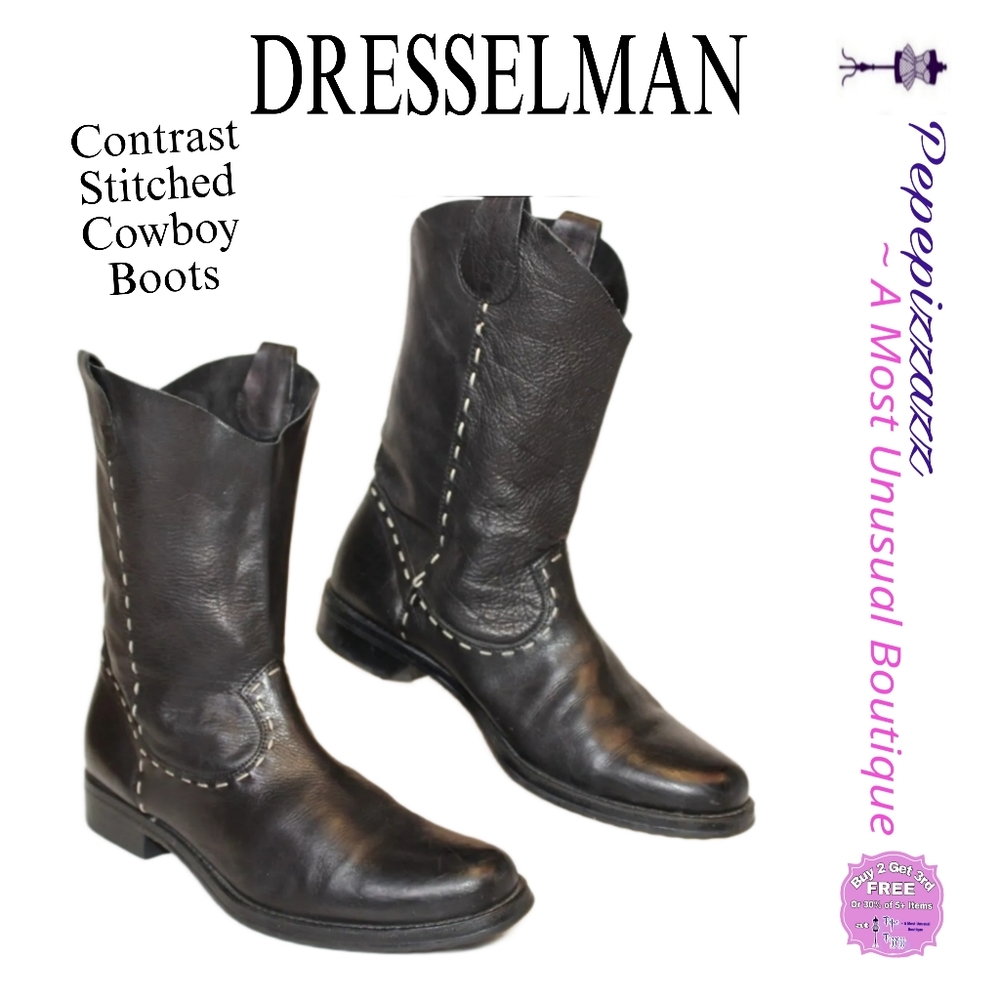Dresselman Womens 39 9 Black Leather Top Stitched Western Cowboy Boots ♥️😍